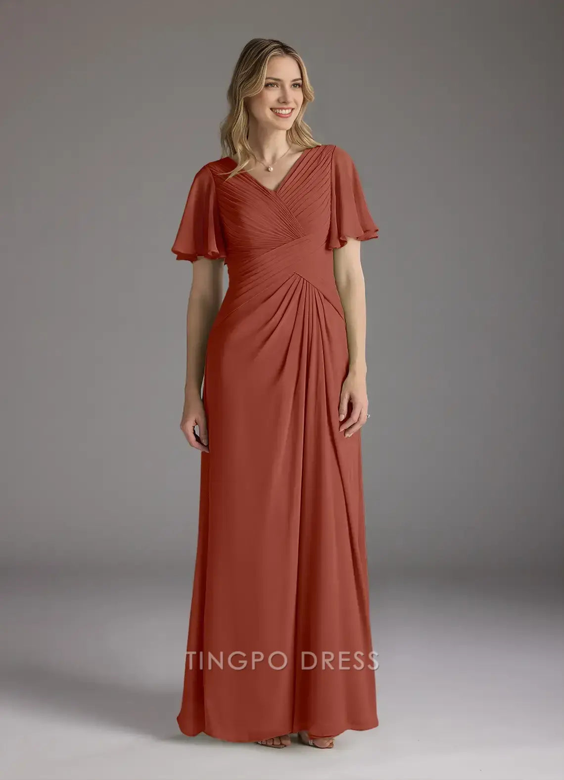 TingPo Wholesale Elegant V - Neck Chiffon Maxi Dress with Flutter Sleeves and Ruched Bodice for Formal Occasions